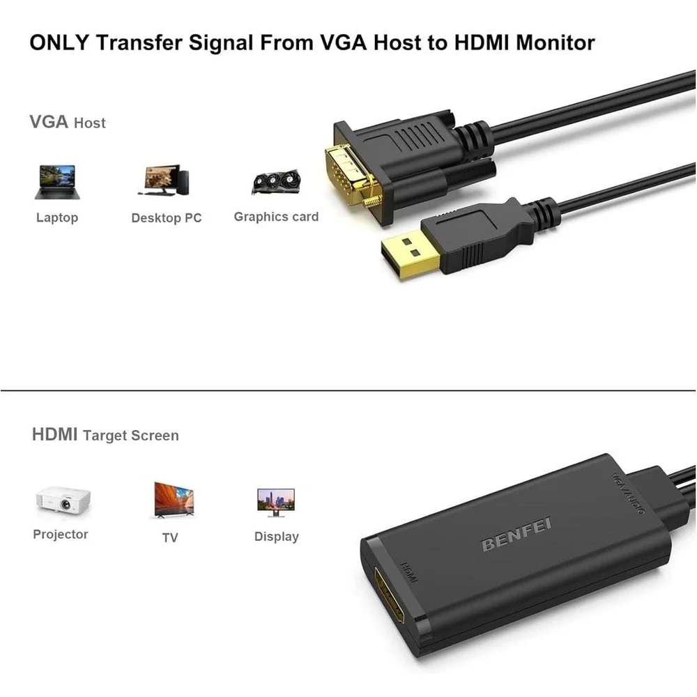 Benfei HDMI to VGA Adapter with Audio and USB‎ Power Support, Gold-Plated